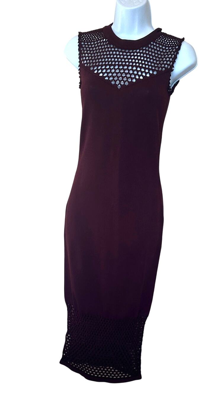 Bailey 44 Burgundy Midi Dress XS Bodycon Sleeveless Mesh Career Designer $248